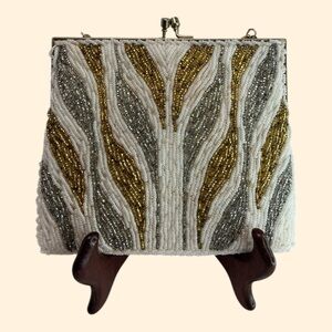 1960s Vintage Gold Silver White Beaded Handbag with Chain Handle